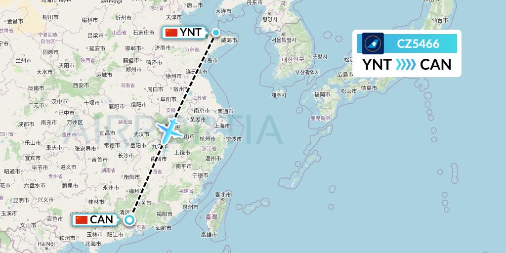 CZ5466 China Southern Airlines Flight Map: Yantai to Guangzhou