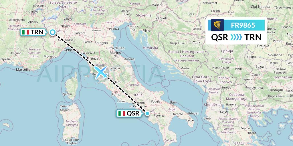 FR9865 Ryanair Flight Map: Salerno to Turin