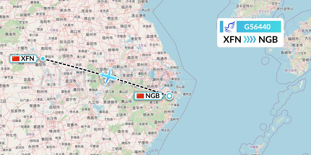 G56440 China Express Airlines Flight Map: Xiangyang to Ningbo
