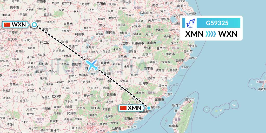 G59325 China Express Airlines Flight Map: Xiamen to Wanzhou