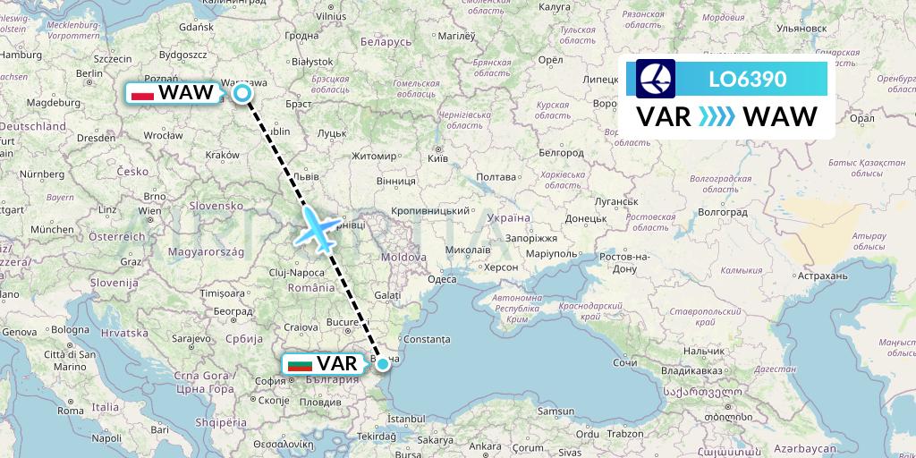 LO6390 LOT Flight Map: Varna to Warsaw