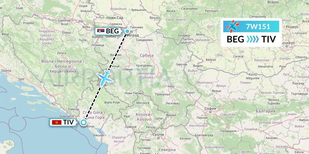7W151 Windrose Airlines Flight Map: Belgrade to Tivat