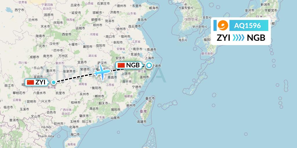 AQ1596 9 Air Flight Map: Zunyi to Ningbo