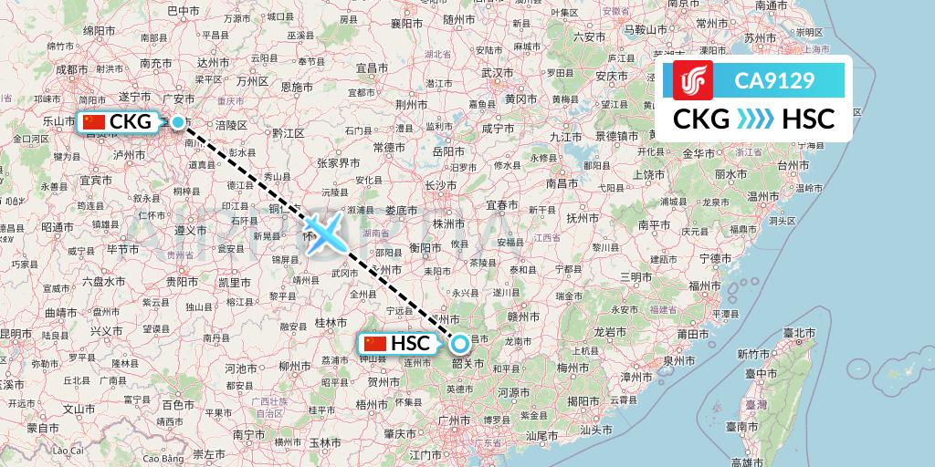 CA9129 Air China Flight Map: Chongqing to Shaoguan