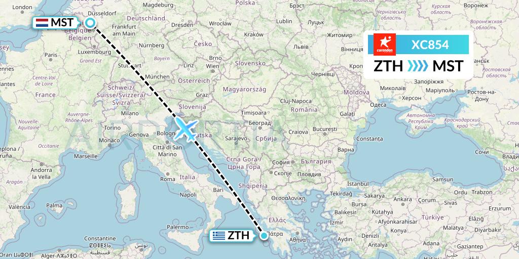 XC854 Corendon Airlines Flight Map: Zakynthos to Maastricht
