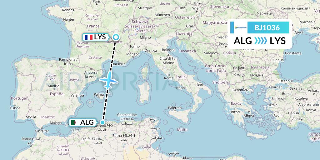 BJ1036 Nouvelair Tunisie Flight Map: Algiers to Lyon