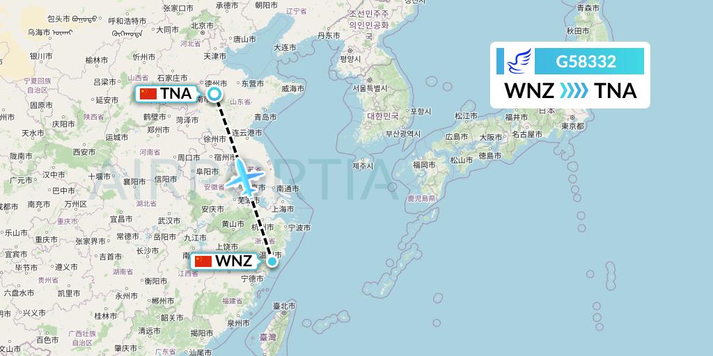 G58332 China Express Airlines Flight Map: Wenzhou to Jinan