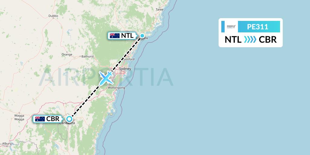 PE311 People's Viennaline Flight Map: Newcastle to Canberra
