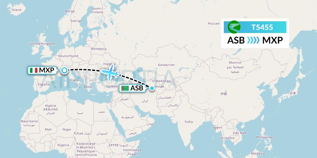 T5455 Turkmenistan Airlines Flight Map: Ashgabat to Milan