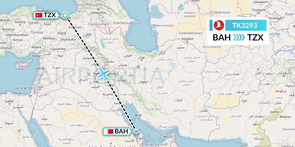 TK3293 Turkish Airlines Flight Map: Bahrain to Trabzon