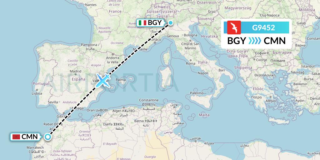 G9452 Air Arabia Flight Map: Milan to Casablanca