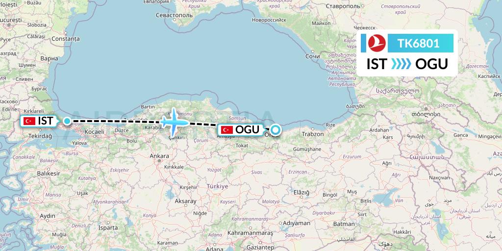 TK6801 Turkish Airlines Flight Map: Istanbul to Ordu