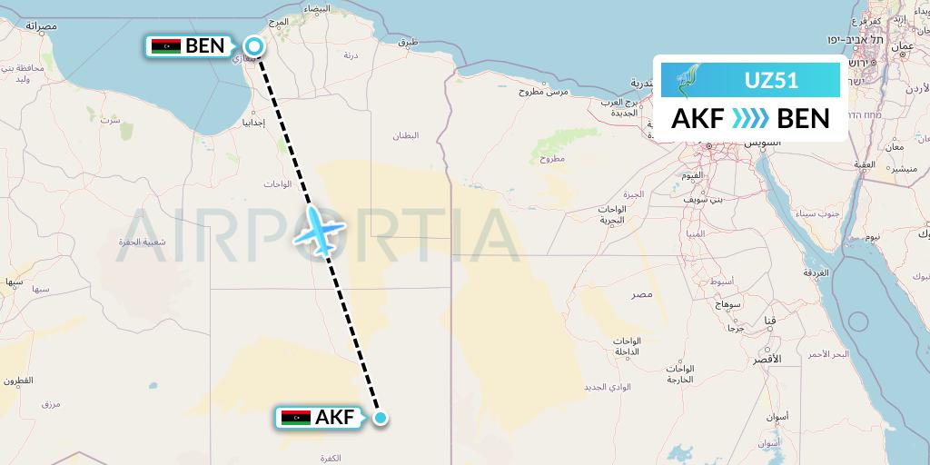 UZ51 Buraq Air Flight Map: Kufra to Benghazi
