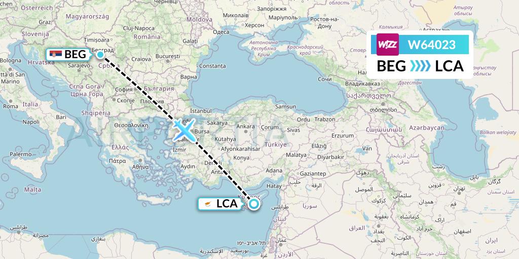 W64023 Wizz Air Flight Map: Belgrade to Larnaca