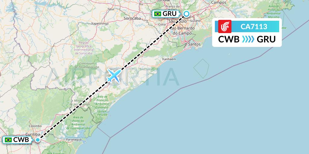 CA7113 Air China Flight Map: Curitiba to Sao Paulo