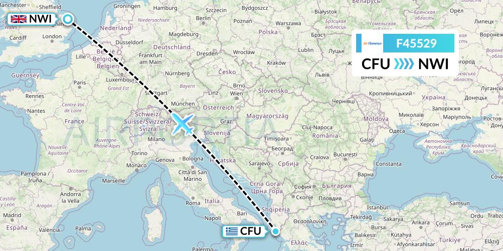 F45529 Air Flamenco Flight Map: Corfu to Norwich