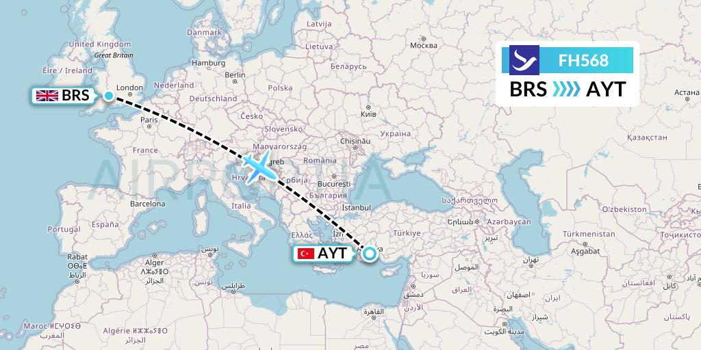 FH568 Freebird Airlines Flight Map: Bristol to Antalya
