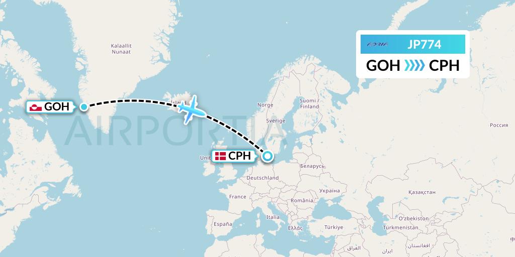 JP774 Adria Airways Flight Map: Nuuk to Copenhagen