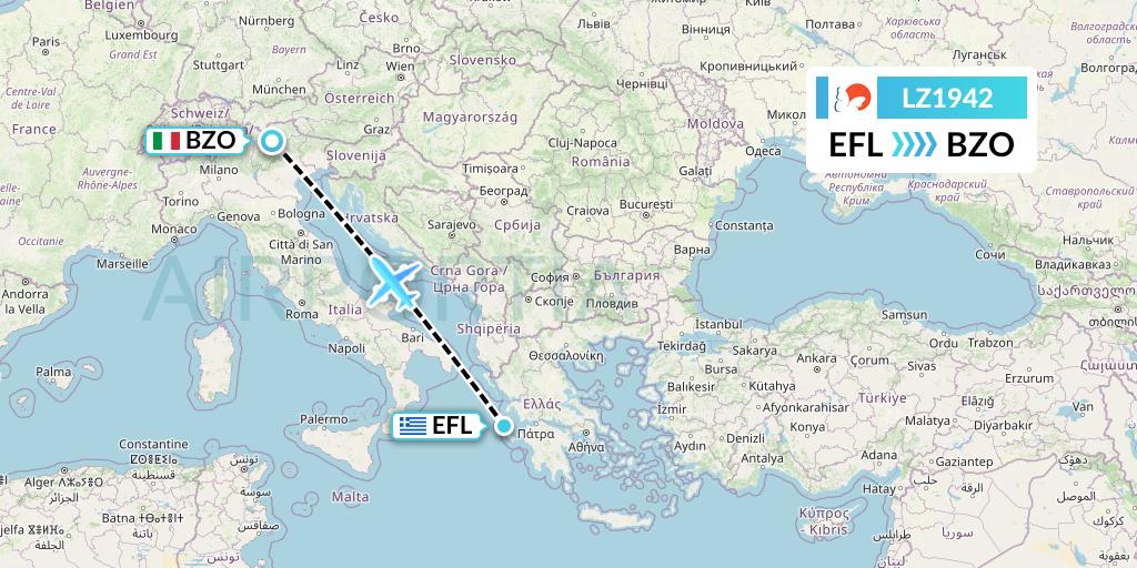 LZ1942 Air Link Flight Map: Kefalonia to Bolzano