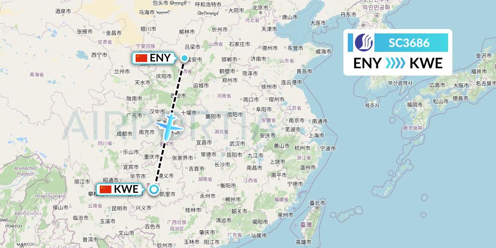 SC3686 Shandong Airlines Flight Map: Yan'an to Guiyang