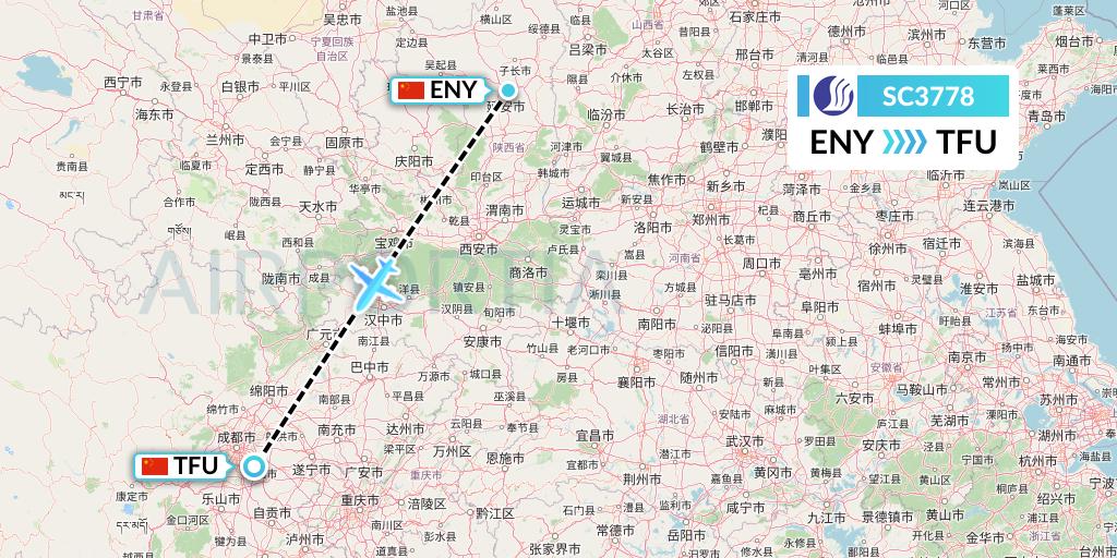 SC3778 Shandong Airlines Flight Map: Yan'an to Chengdu