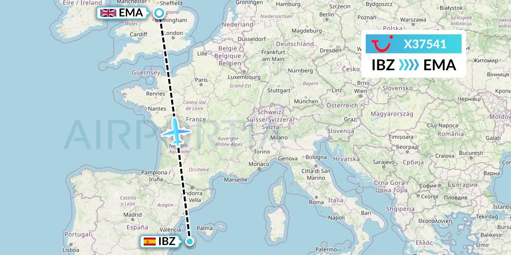 X37541 TUI fly Germany Flight Map: Ibiza to East Midlands