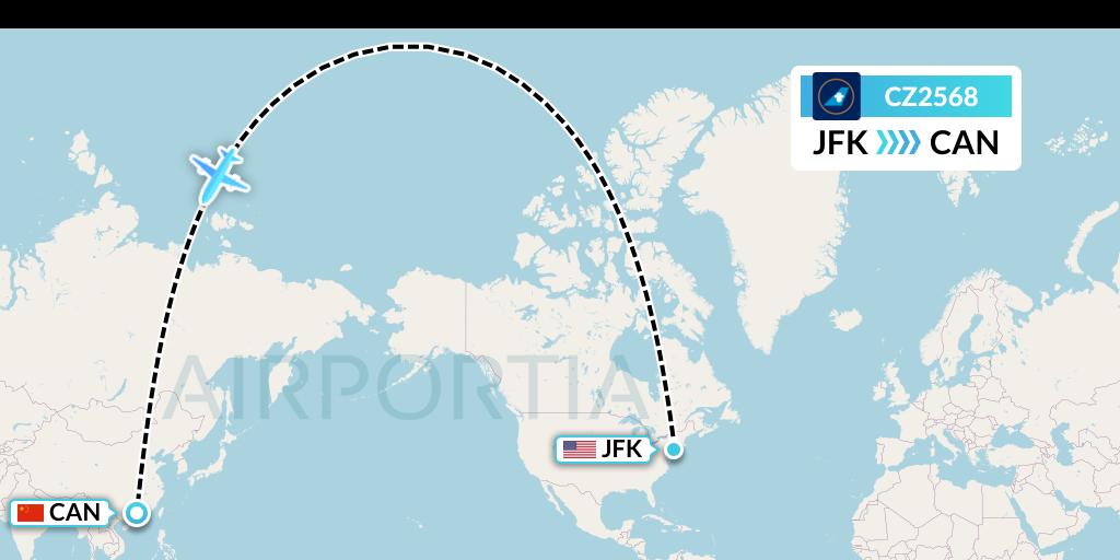 CZ2568 China Southern Airlines Flight Map: New York to Guangzhou