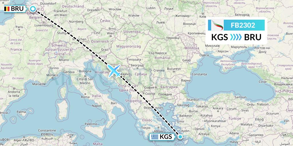 FB2302 Bulgaria Air Flight Map: Kos to Brussels