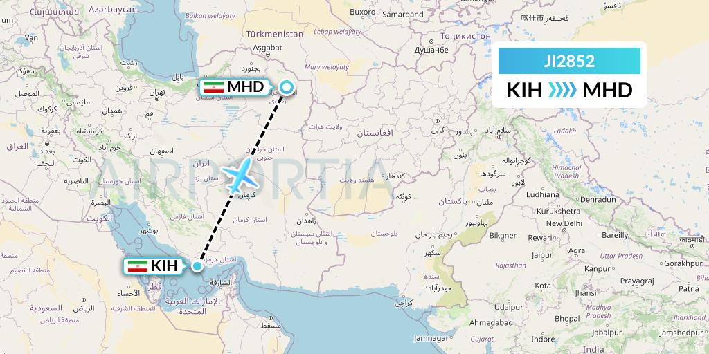 JI2852 Armenian Airlines Flight Map: Kish Island to Mashhad