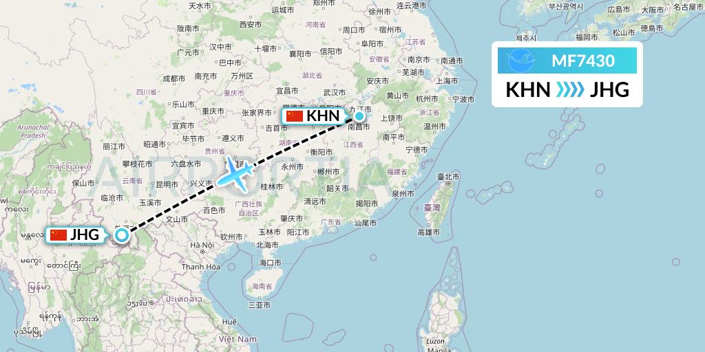 MF7430 Xiamen Airlines Flight Map: Nanchang to Jinghong