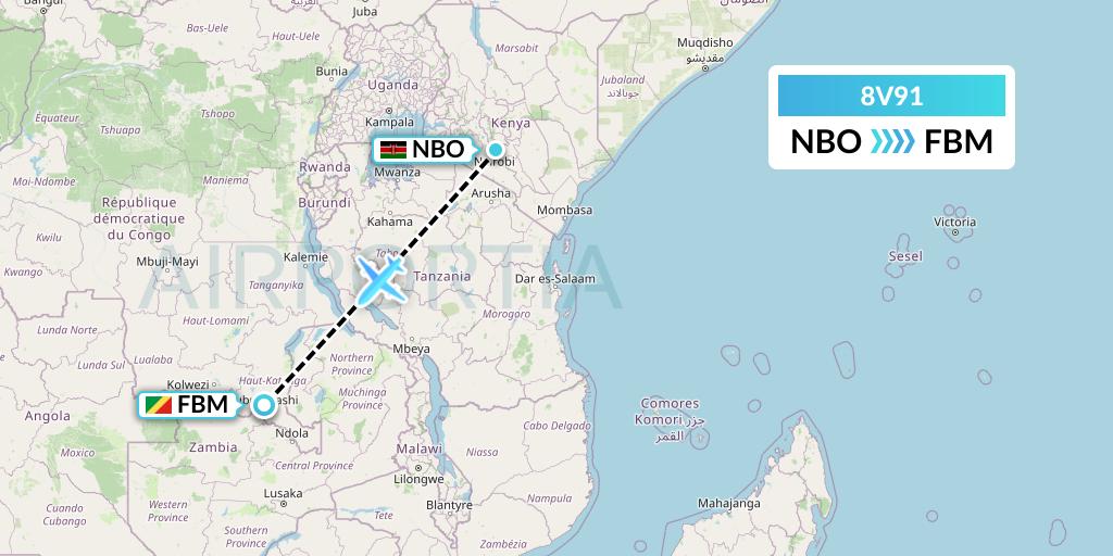 8V91 Wright Air Service Flight Map: Nairobi to Lubumbashi