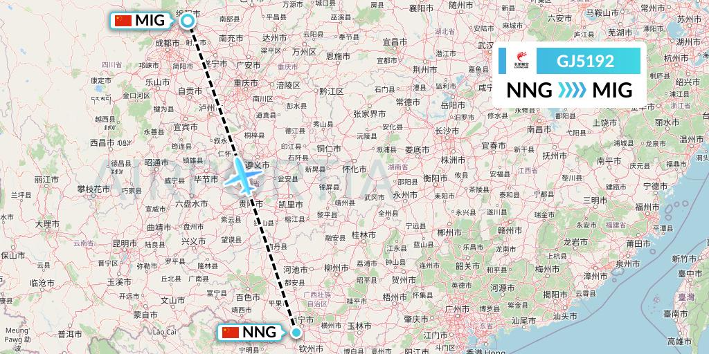 GJ5192 Loong Airlines Flight Map: Nanning to Mianyang