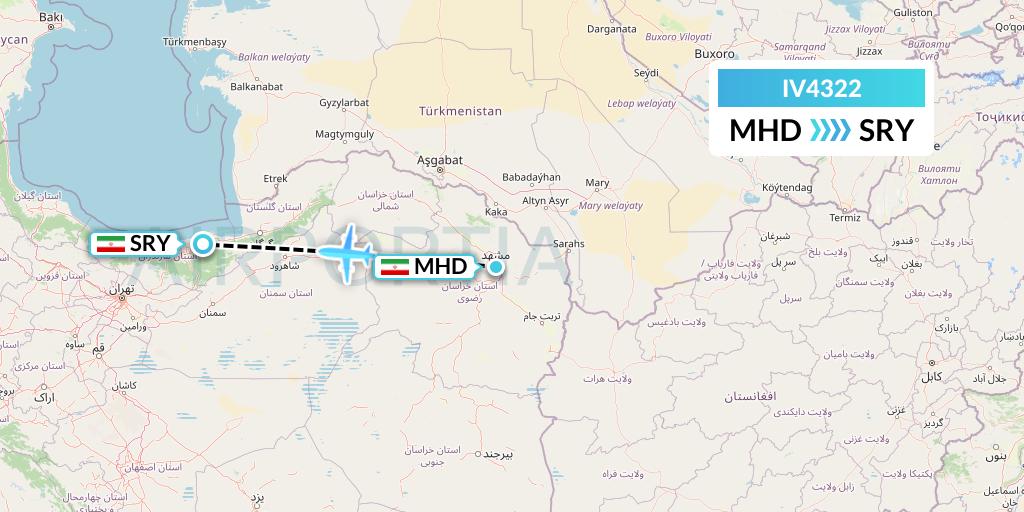 IV4322 VVB Aviation Malta Flight Map: Mashhad to Sari