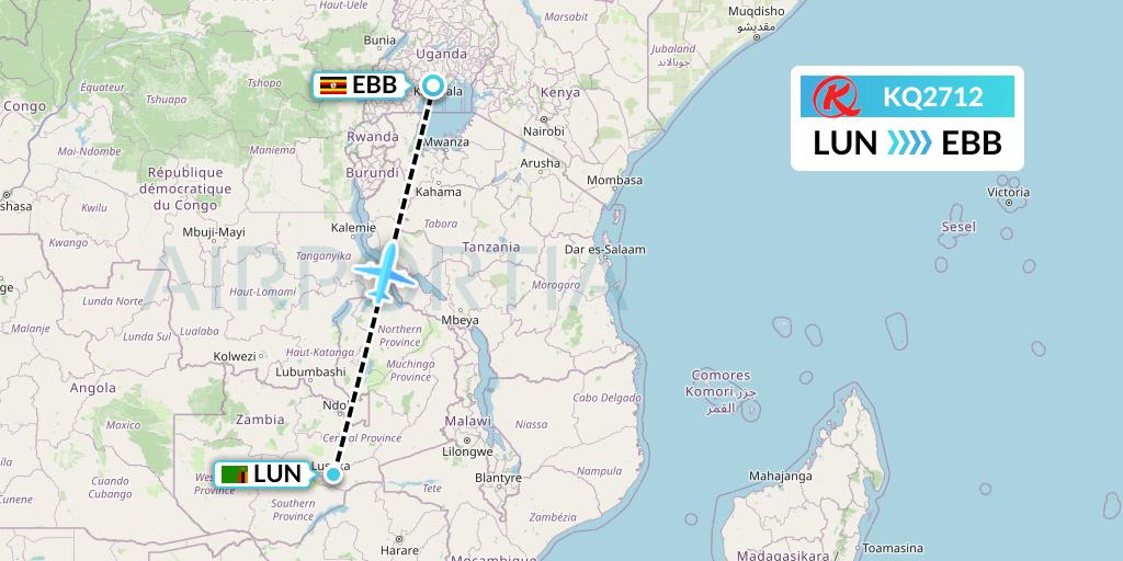 KQ2712 Kenya Airways Flight Map: Lusaka to Entebbe