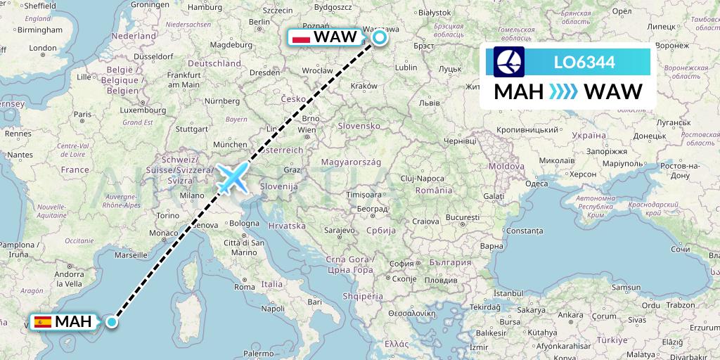LO6344 LOT Flight Map: Mahon to Warsaw