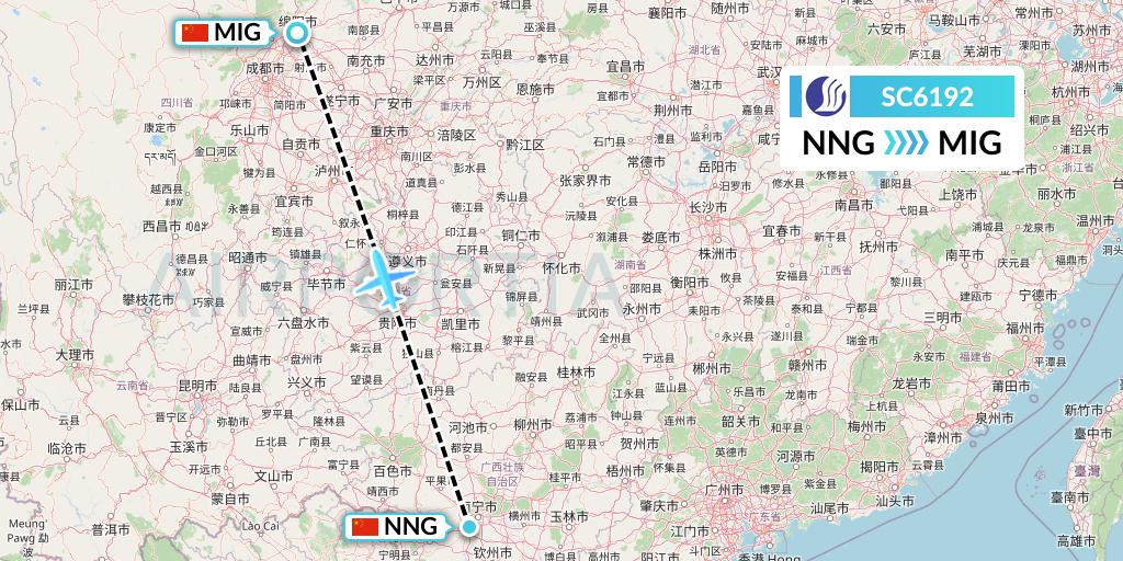 SC6192 Shandong Airlines Flight Map: Nanning to Mianyang
