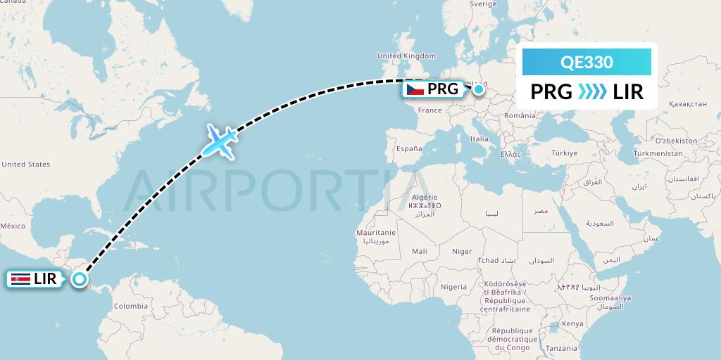 QE330 Air Moorea Flight Map: Prague to Liberia