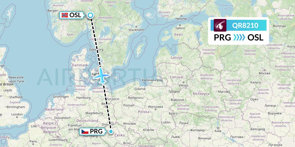 QR8210 Qatar Airways Flight Map: Prague to Oslo