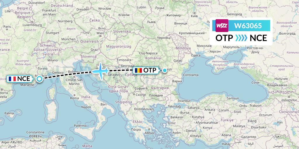 W63065 Wizz Air Flight Map: Bucharest to Nice