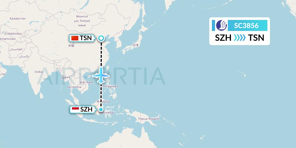 SC3856 Shandong Airlines Flight Map: Senipah-Borneo Island to Tianjin
