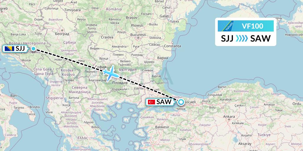 VF100 ValuAir Flight Map: Sarajevo to Istanbul