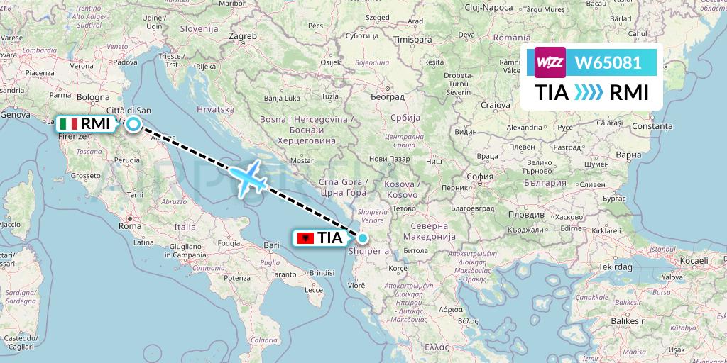 W65081 Wizz Air Flight Map: Tirana to Rimini