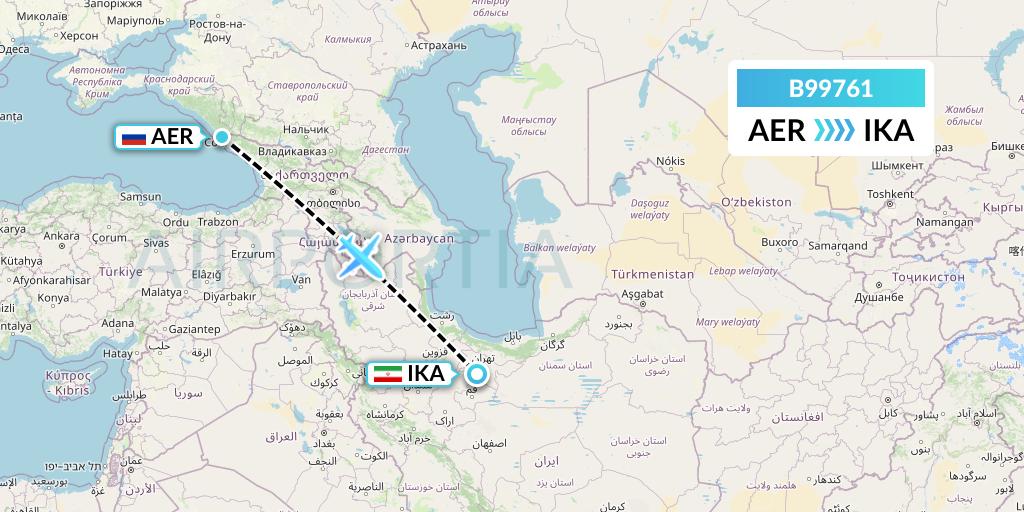 B99761 Iran Air Tours Flight Map: Sochi to Tehran