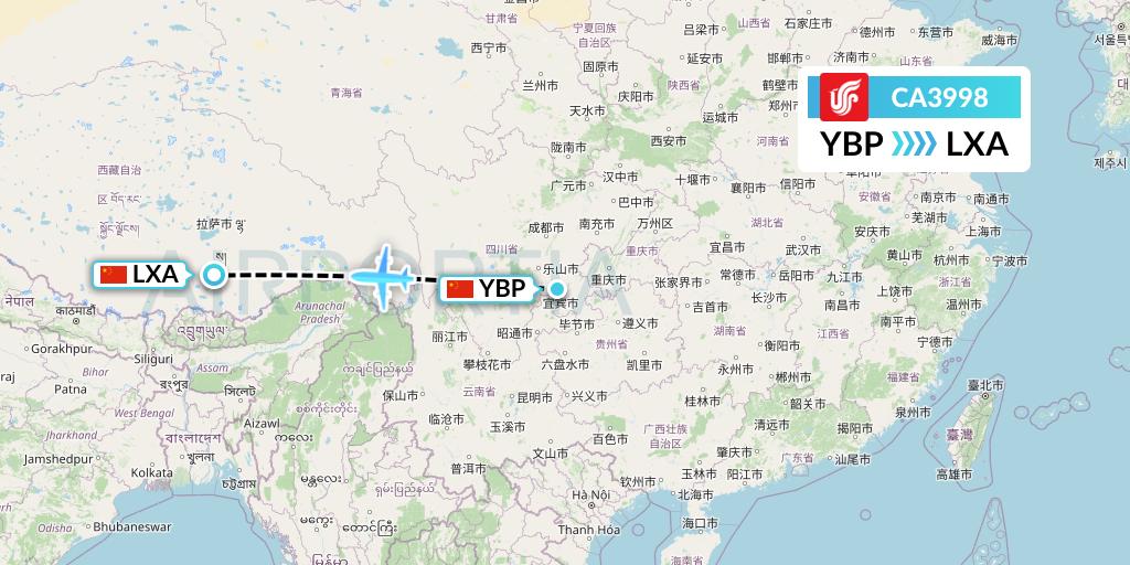 CA3998 Air China Flight Map: Yibin to Lhasa