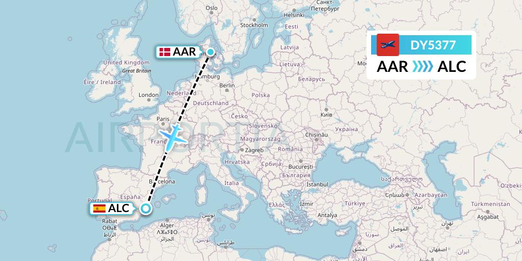 DY5377 Norwegian Flight Map: Aarhus to Alicante