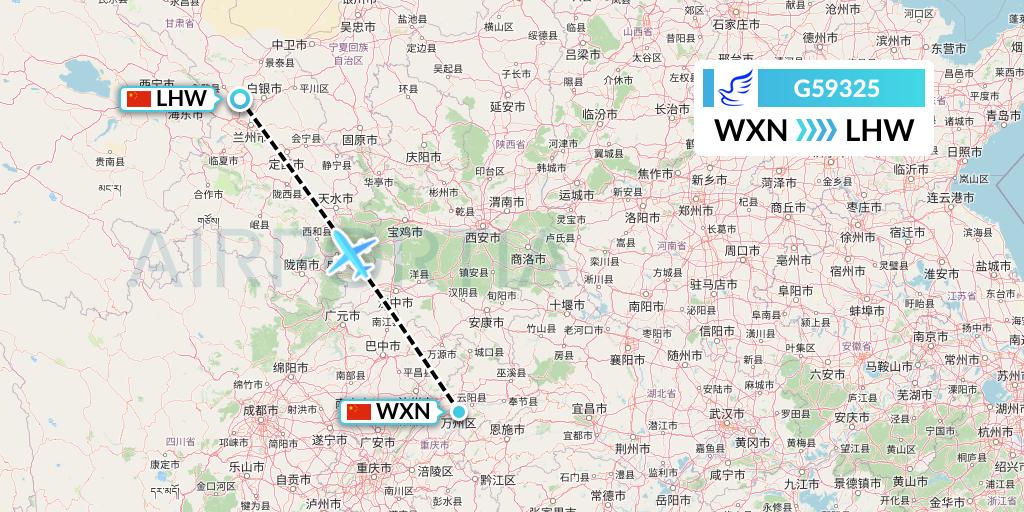 G59325 China Express Airlines Flight Map: Wanzhou to Lanzhou