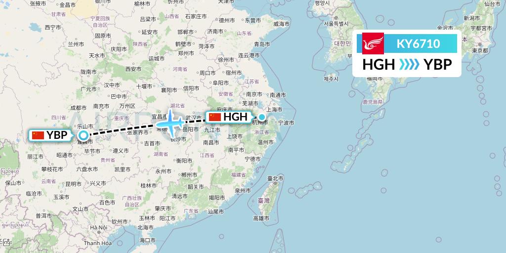 KY6710 Kunming Airlines Flight Map: Hangzhou to Yibin