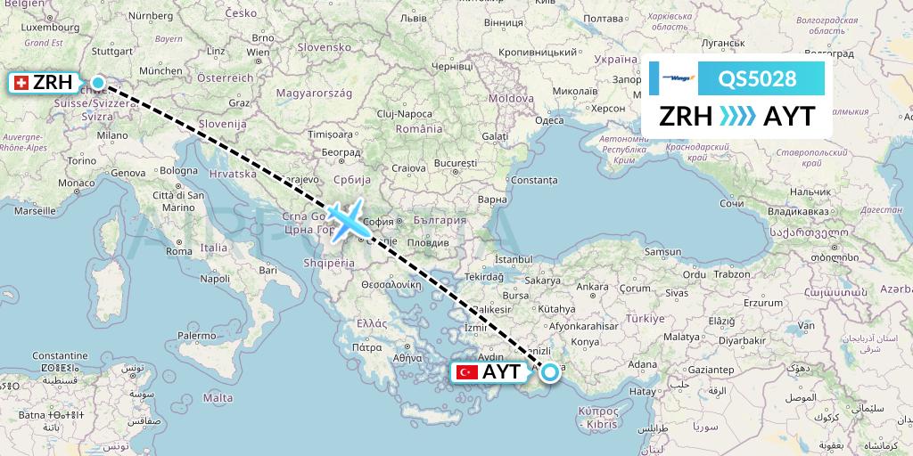 QS5028 Smartwings Flight Map: Zurich to Antalya