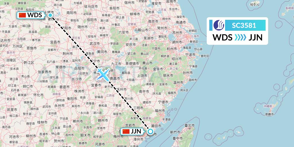 SC3581 Shandong Airlines Flight Map: Shiyan to Jinjiang