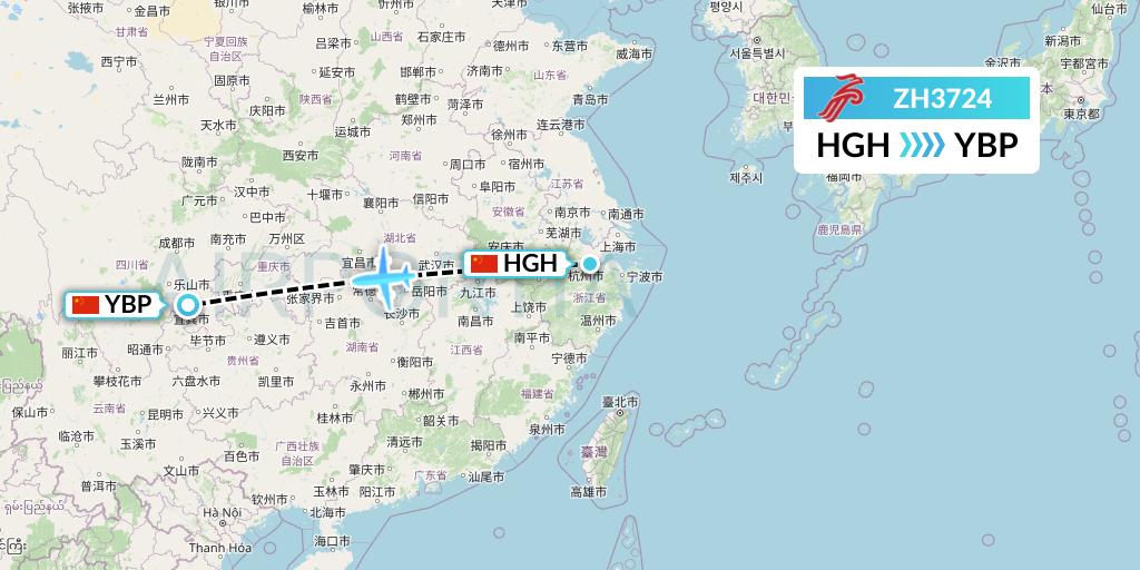 ZH3724 Shenzhen Airlines Flight Map: Hangzhou to Yibin